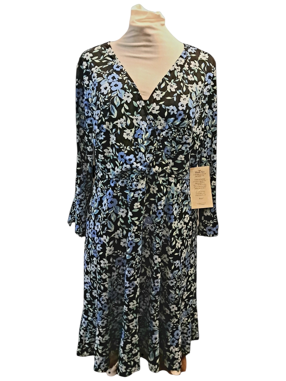 NWT. Coldwater Creek Black Floral Dress with Blue and White Flowers